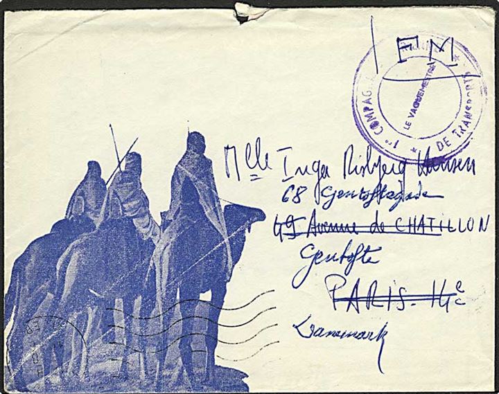 Ufrankeret fransk feltpostbrev fra Laghouat i Algeriet 1956 til Paris, Frankrig - eftersendt til Gentofte, Danmark.