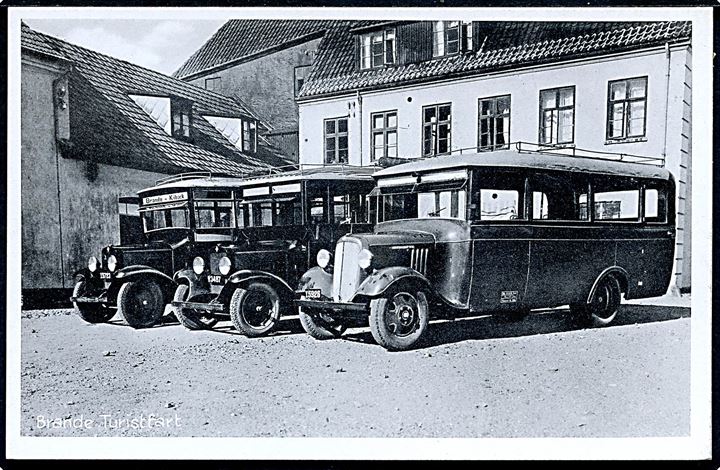 Brande Turistfart med omnibusser “Brande-Kibæk” Y5723, Ø3487 og Y5926. Stenders no. 75294. Kvalitet 9