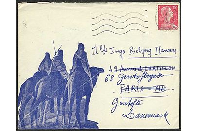 15 fr. på feltpostbrev fra soldat i Laghouat i Algeriet d. 1.8.1956 til Paris, Frankrig - eftersendt til Gentofte, Danmark.