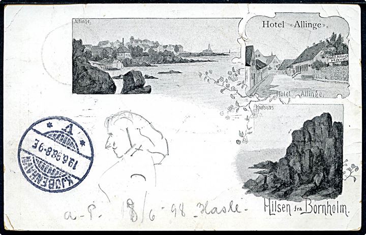 Allinge, “Hilsen fra Bornholm” med prospekter. U/no. Stempel “Utilstrækkelig frankeret” fra Hasle 1898. Kvalitet 7