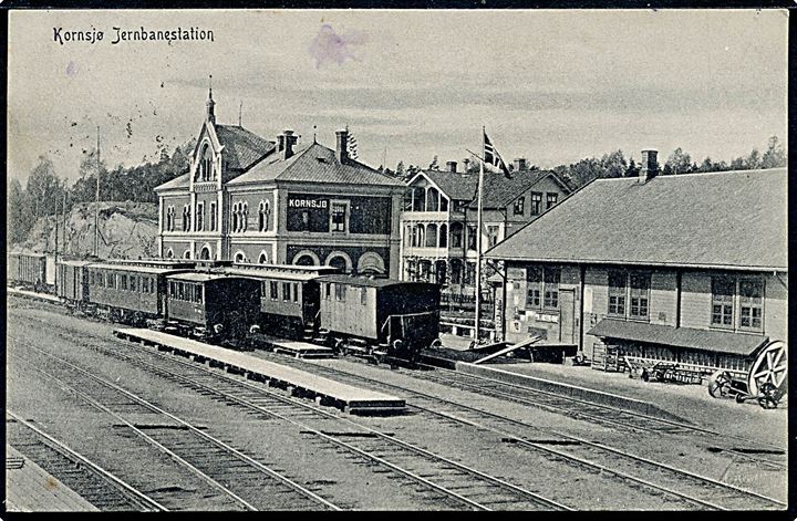Norge, Kornsjö jernbanestation med tog. M. Olsen no. 1. Kvalitet 8