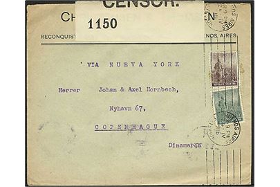 12 c. blandingsfrankeret brev fra Buenos Aires d. 24.4.1916 til København, Danmark. Påskrevet: via New York. Åbnet af britisk censur.