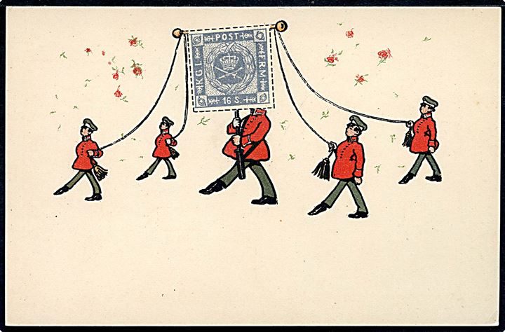 Carl Røgind: 16 skilling frimærke og postbude. Københavns Philatelistklubs udstilling 1902. U/no. Kvalitet 9