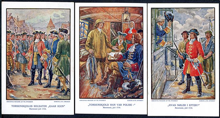 Th. Iversen: Tordenskjolds bedrifter 1714-19 på 6 kort. Reklame fra Gosch & Co. Tændstikfabrik.  Kvalitet 8