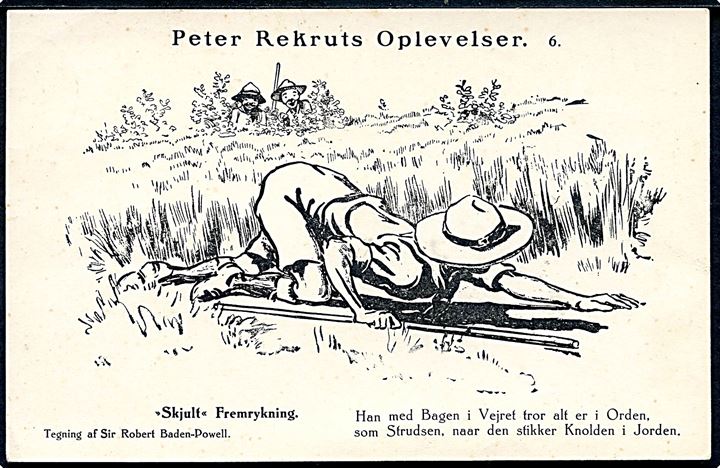 “Peter Rekruts Oplevelser”. Tegnet af Sir Robert Baden-Powell. KFUM Spejderne i Danmark no. 6. Kvalitet 8