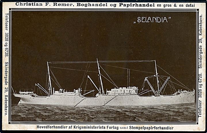 “Selandia”, M/S, Østasiatisk Kompagni, skibsmodel. Reklamekort fra Chr. F. Rømer. C.F.R. u/no. Kvalitet 7