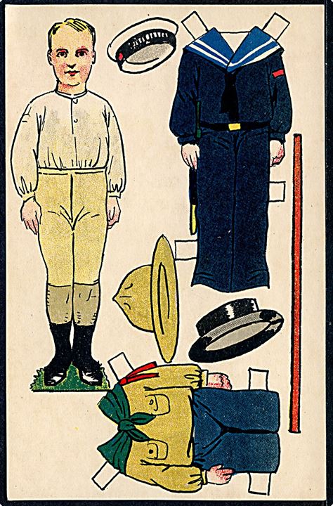 Påklædningsdukke med spejder og matros uniform. Tegnet af Osvald Jensen. A. Vincent serie 396/5. Kvalitet 8