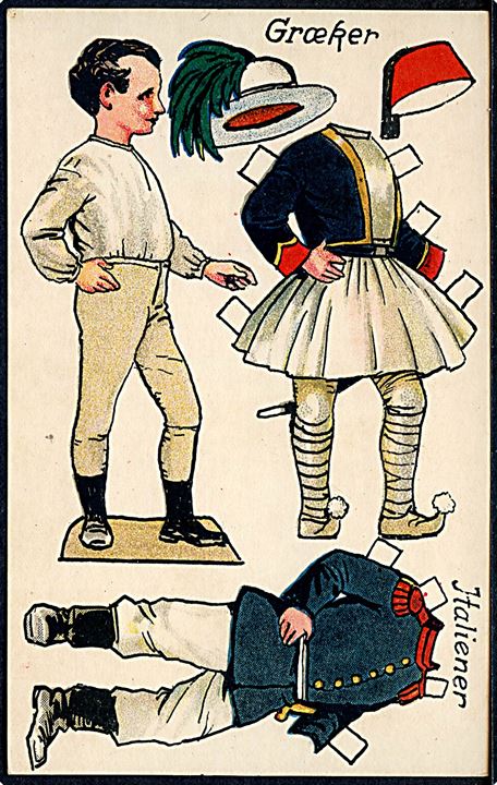 Osvald Jensen: Påklædningssoldat med uniformer fra Italien og Grækenland. A. Vincent serie 398/6. Kvalitet 8