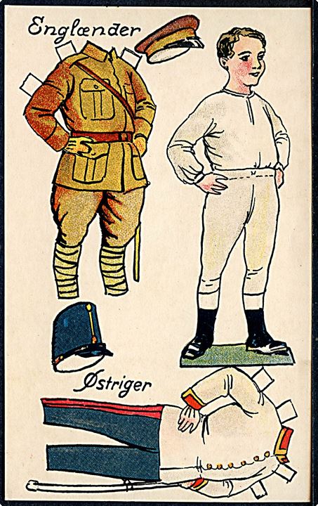 Osvald Jensen: Påklædningssoldat med uniformer fra England og Østrig. A. Vincent serie 398/2. Kvalitet 8