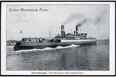 Prinsesse Alexandrine, S/S, DSB jernbanefærge på ruten Gjedser - Warnemünde. Frankeret med 5 øre Chr. X i parstykke og annulleret med bureaustempel Kjøbenhavn - Warnemünde T.92 d. 19.1.1916 til Tyskland.