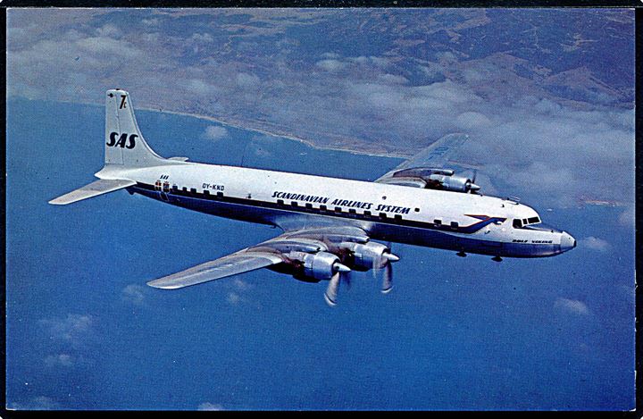 Douglas DC-7 OY-KND Rolf Viking, SAS. Reklamekort u/no.