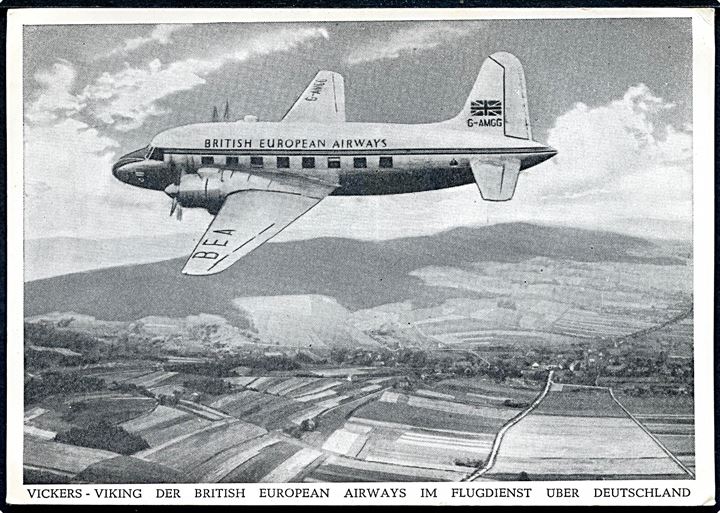 Vickers Viking G-AMGG fra British European Airways (B.E.A.). Reklamekort for flyveruter over Tyskland. 