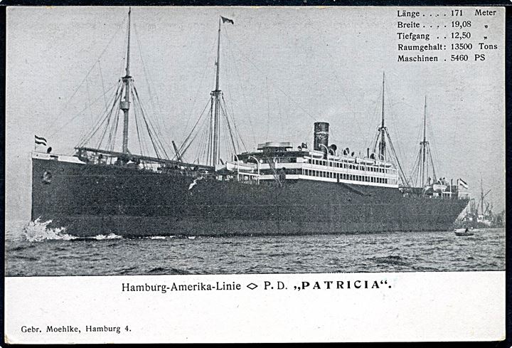 Patricia, S/S, Hamburg Amerika Linie. Gebr. Moehlke u/no.