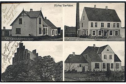 Kirke-Værløse. Prospekter med købmand, mejeri, kirke og præstegård. H. Schmidt no. 27359.