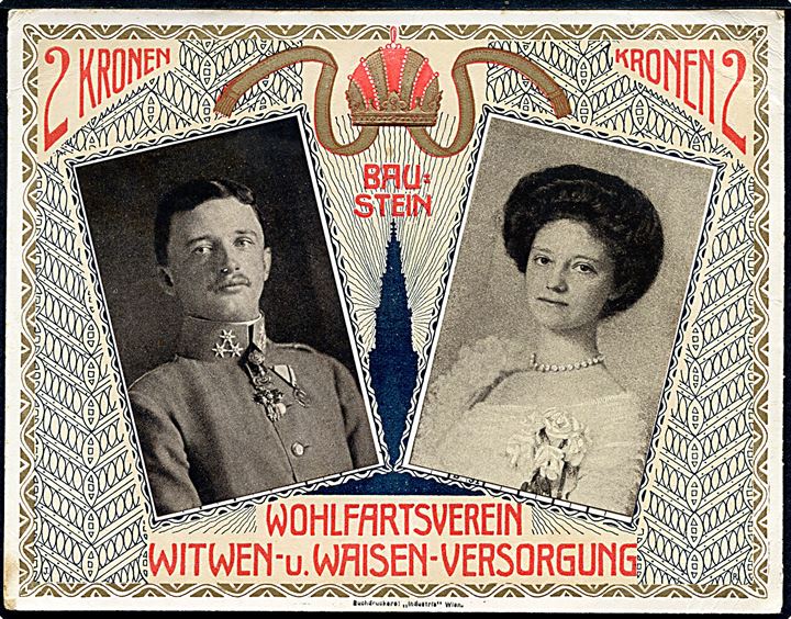 2 kronen Baustein velgørenhedskalender med kejser Karl 1. af Østrig og kejserinde Zita. 