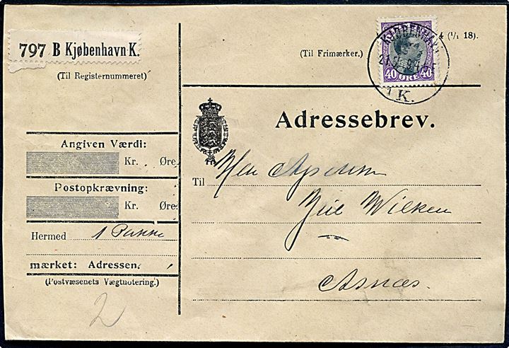 40 øre Chr. X single på adressebrev for pakke fra Kjøbenhavn d. 21.5.1919 til Assens.