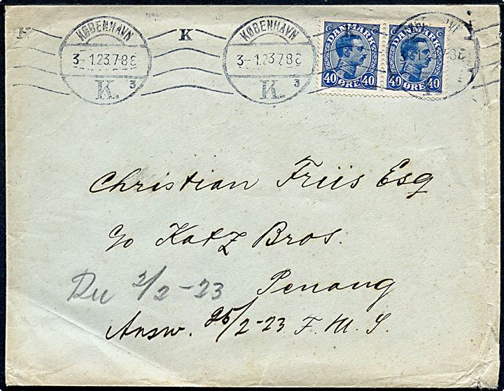 40 øre Chr. X i parstykke på 2. vægtkl. brev fra København d. 3.1.1923 til Penang, Malaya. Påskrevet modtaget d. 2.2.1923.