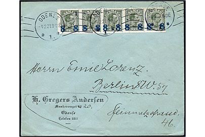 8/12 øre Provisorium i vandret 5-stribe på 40 øre frankeret brev fra Odense d. 4.2.1921 til Berlin, Tyskland.