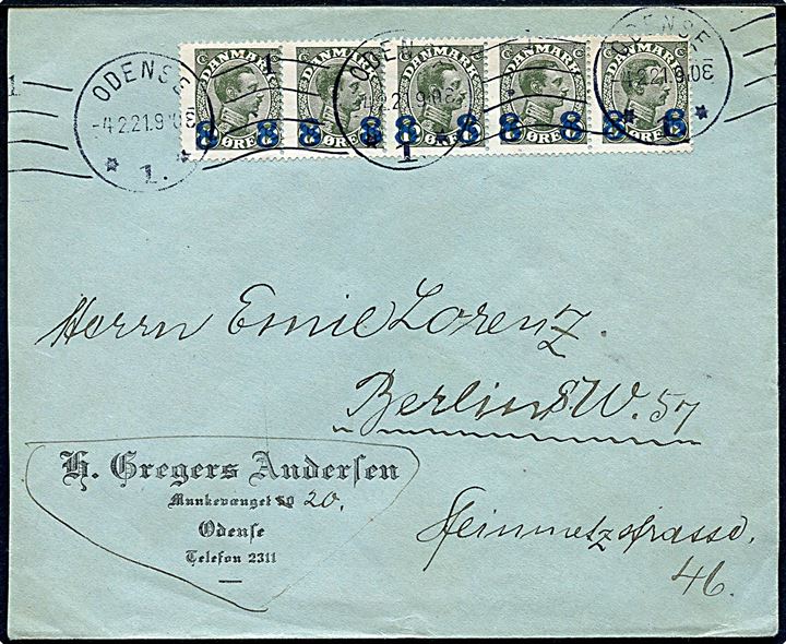 8/12 øre Provisorium i vandret 5-stribe på 40 øre frankeret brev fra Odense d. 4.2.1921 til Berlin, Tyskland.