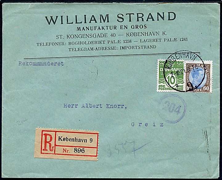 10 øre Bølgelinie og 60 øre Chr. X på anbefalet brev fra Kjøbenhavn d. 2.12.1921 til Greiz, Tyskland.