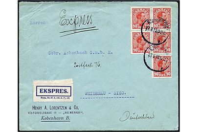 10 øre Chr. X (5) på 2. vægtkl. ekspresbrev fra Kjøbenhavn d. 27.3.1919 til Weidenau, Tyskland. 