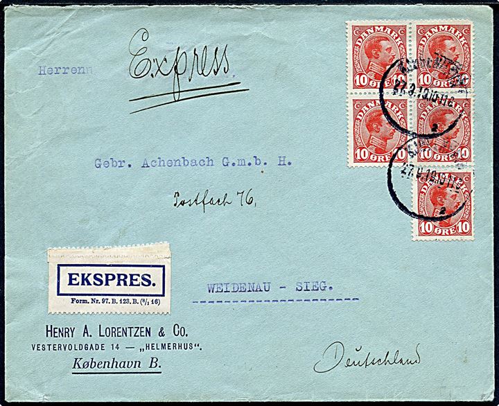 10 øre Chr. X (5) på 2. vægtkl. ekspresbrev fra Kjøbenhavn d. 27.3.1919 til Weidenau, Tyskland. 