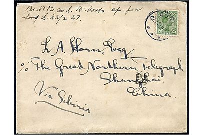 25 øre Chr. X single på brev fra Sorø d. 22.2.1927 til danske ved Store Nordisk Telegraf Kompagni i Shanghai, Kina. Ank.stemplet i Shanghai d. 15.3.1927.