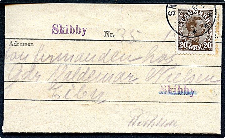 20 øre Chr. X på Telegramformular med konfirmations hilsen fra Skibby d. 4.10.1925 annulleret Skibby d. 5.10.1915 til Eiby pr. Roskilde. 