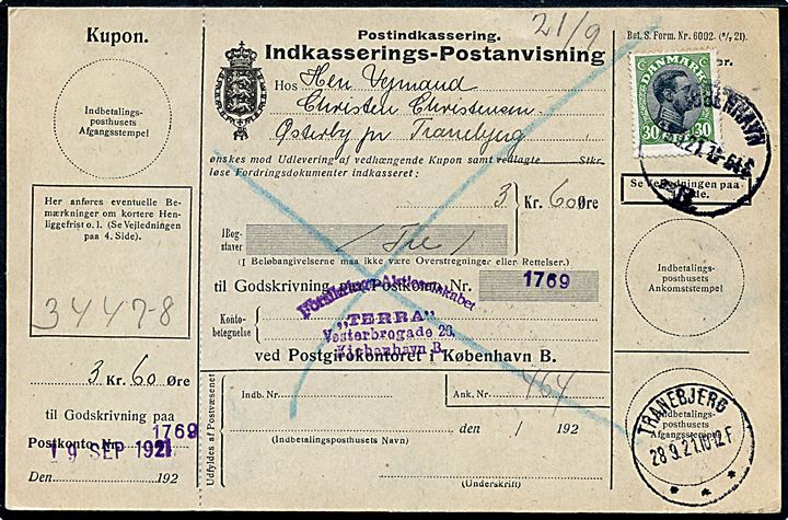 30 øre Chr. X single på retur Indkasserings-Postanvisning fra Kjøbenhavn d. 19.9.1921 til Østerby pr. Tranebjerg på Samsø. Retur som ej. indløst.