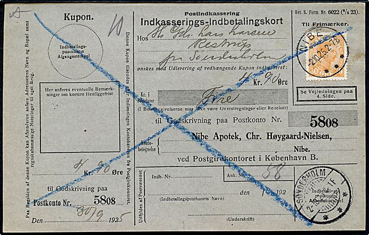 30 øre Chr. X single på retur Indkasserings-Indbetalingskort fra Nibe d. 2.10.1925 til Sønderholm.