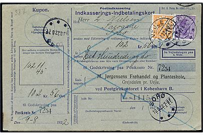 15 øre og 30 øre Chr. X på retur Indkasserings-Indbetalingskort fra Vejle d. 9.8.1922 til Sorø.