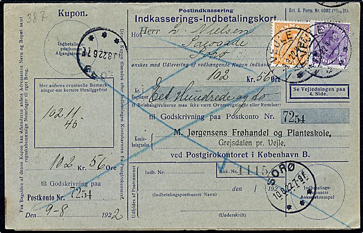 15 øre og 30 øre Chr. X på retur Indkasserings-Indbetalingskort fra Vejle d. 9.8.1922 til Sorø.