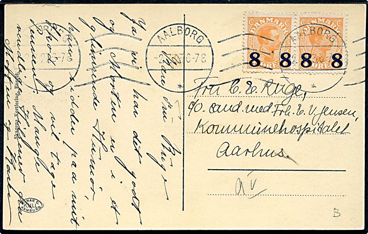 8/7 øre Provisorium i parstykke på overfrankeret brevkort fra Aalborg d. 2.7.1923 til Aarhus.