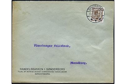 20 øre Chr. X på fortrykt kuvert frankeret til GRÆNSEPORTO fra Handelsbanken i Sønderborg annulleret med brotype IIb Sønderborg sn1 d. 19.3.1923 til Flensburg, Tyskland.