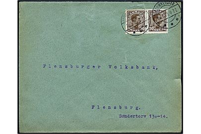 20 øre Chr. X i parstykke på brev annulleret med brotype IIb Løgumkloster sn1 d. 26.5.1925 til Flensburg, Tyskland.