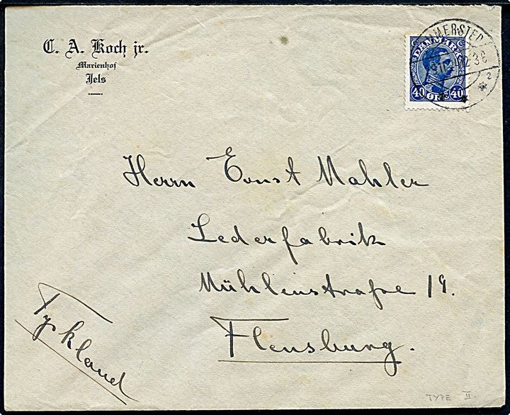 40 øre Chr. X på brev annulleret med brotype IIb Simmersted sn2 d. 9.11.1924 til Flensburg, Tyskland.