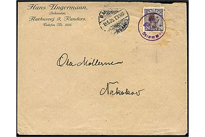 20 øre Chr. X på brev annulleret med posthornstempel Strømmen og sidestemplet bureau Randers - Ryomgaard T.1099 d. 15.5.1925 til Nakskov.