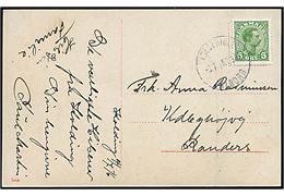 5 øre Chr. X på brevkort fra Kolding annulleret med bureaustempel Fredericia - Aalborg T.915 d. 5.7.1916 til Randers. Lodret fold.