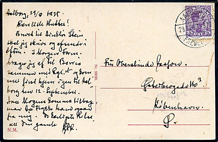 15 øre Chr. X på brevkort (Park Hotel, Aalborg) annulleret med bureaustempel Aalborg - Fredericia T.970 d. 29.6.1925 til København.