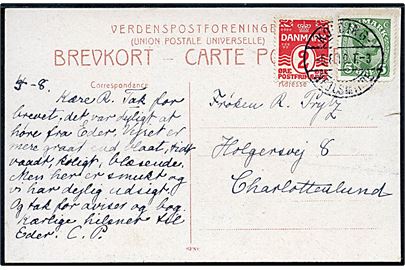 2 øre Bølgelinie og 5 øre Chr. X på brevkort (Grænsen ved Hejlsminde) annulleret med bureaustempel Kolding - Hejlsminde T.3 d. 5.8.1919 til Charlottenlund.