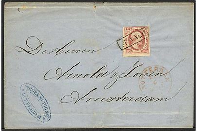 10 c. Wilhelm III pl. VI pos. 99 på foldebrev annulleret med rammestempel Franco og sidestemplet Rotterdam d. 27.6.1861 til Rotterdam. Attest Louis.