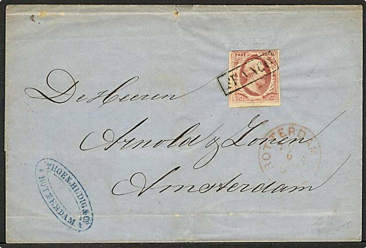 10 c. Wilhelm III pl. VI pos. 99 på foldebrev annulleret med rammestempel Franco og sidestemplet Rotterdam d. 27.6.1861 til Rotterdam. Attest Louis.