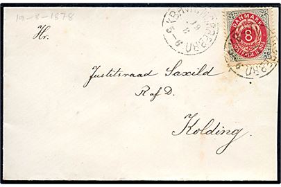 8 øre Tofarvet på brev annulleret med lapidar KBHVN. NØRREBRO d. 19.8.1878 til Justitsraad Saxild, Ridder af Dannebrog, i Kolding.
