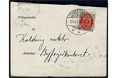 8 øre Tofarvet på del af Modtagelsesbevis annulleret Lunderskov d. 27.4.1895 til Byfogedkontoret i Kolding.