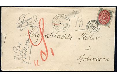 8 øre Tofarvet på brev annulleret med nr.stempel 215 og sidestemplet lapidar bureaustempel Jydske Tverb:PK: d. 20.7.1882 til Kjøbenhavn.