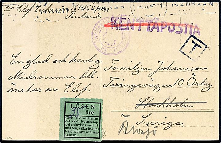 Ufrankeret feltpostkort med svagt feltpoststempel fra svensk frivillig ved KpK5/1098 (= 1.Autokorjaamo) d. 14.6.1942 til Stockholm, Sverige - eftersendt til Älvsjö. Underkendt som portofri feltpost og påsat 35 öre grøn Lösen etiket.