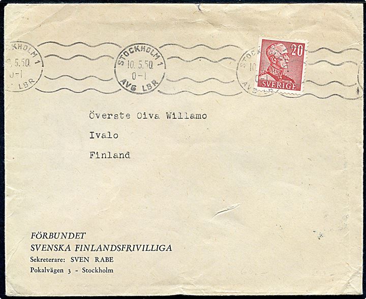 20 öre Gustaf på fortrykt kuvert fra Förbundet Svenska Finlandsfrivilliga i Stockholm d. 10.5.1950 til Överste Oliva Willamo i Ivalo, Finland. 