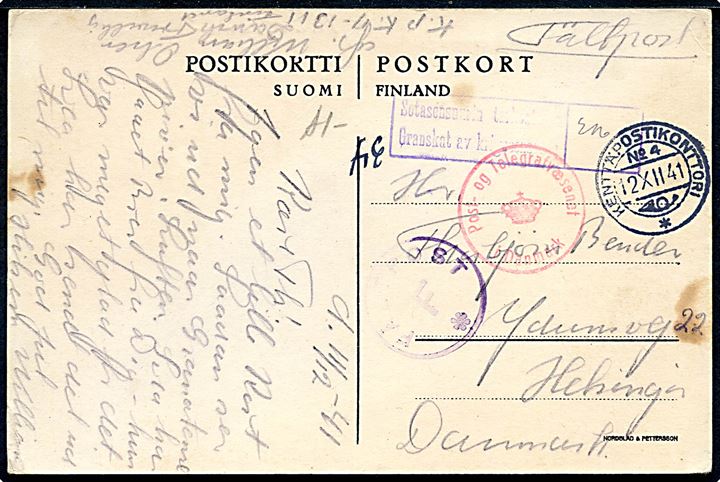 Ufrankeret finsk feltpostkort fra dansk frivillig William Olsen ved KpK7/1311 (= 2 Bat. 55. Infanteri Regiment) med feltpoststempel Kenttäpostikonttori No. 4 d. 12.12.1941 til Helsingør, Danmark. Violet stempel Fältpost F*, samt både dansk og finsk censur.