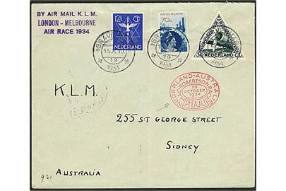 1,12½ G. blandingsfrankeret luftpostbrev fra s'Gravenhage d. 15.10.1934 til Sydney, Australien. Stemplet By Air Mail K.L.M. London - Melbourne Air Race 1934 og Nederland - Australie MacRobertson Race PH.AJU 30. October 1934.