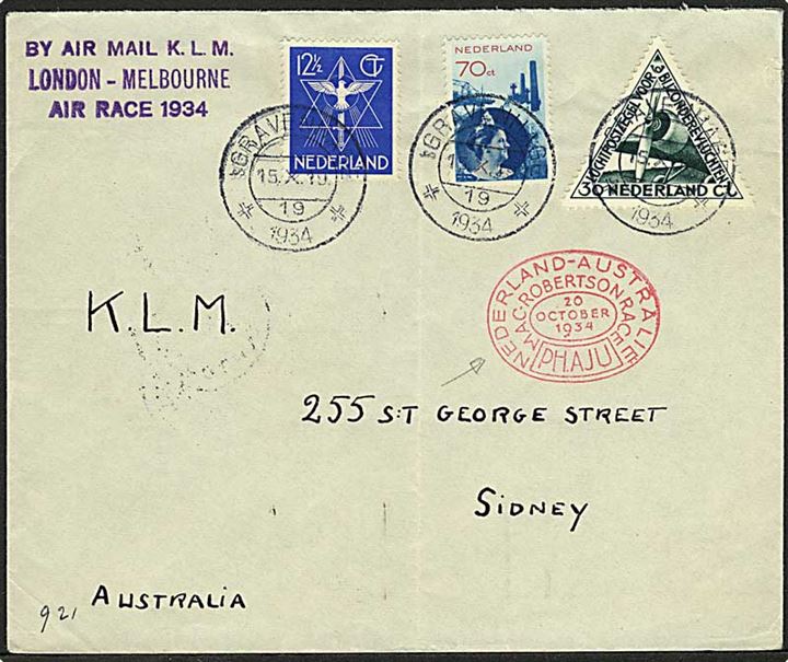 1,12½ G. blandingsfrankeret luftpostbrev fra s'Gravenhage d. 15.10.1934 til Sydney, Australien. Stemplet By Air Mail K.L.M. London - Melbourne Air Race 1934 og Nederland - Australie MacRobertson Race PH.AJU 30. October 1934.